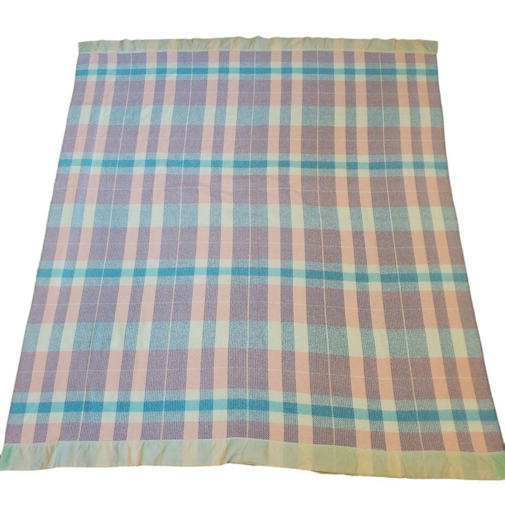 Vintage Plaid Acrylic Blanket Pink Blue Plaid Nylon Trim 85‎ X 75 Pastel